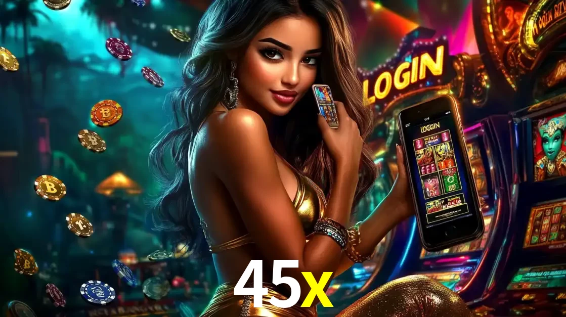 Mulher em um cenário de cassino temático de aventura, mostrando o app de caça-níqueis da 45x no celular. Fichas de apostas flutuam ao redor.