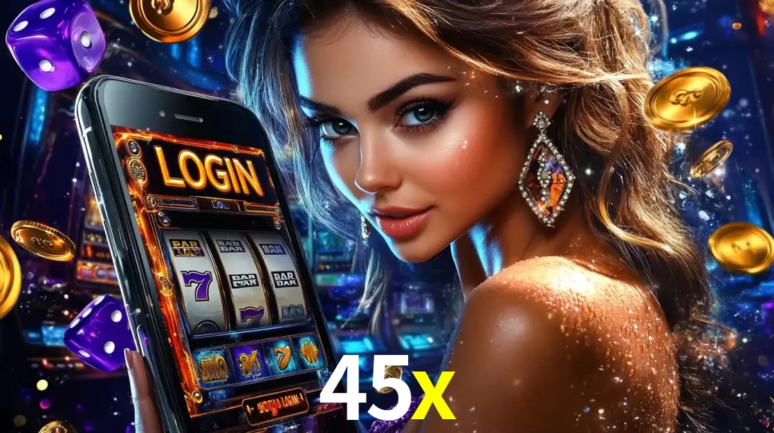 Mulher glamorosa segurando um smartphone com a tela de login para os jogos de caça-níqueis do cassino online 45x, com moedas de ouro e dados ao redor.