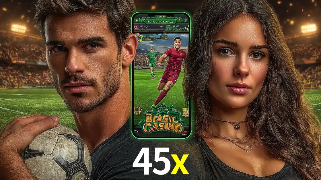 Homem segurando uma bola de futebol e uma mulher ao lado de um smartphone exibindo o jogo de apostas esportivas da 45x. Faça seu palpite no cassino online.